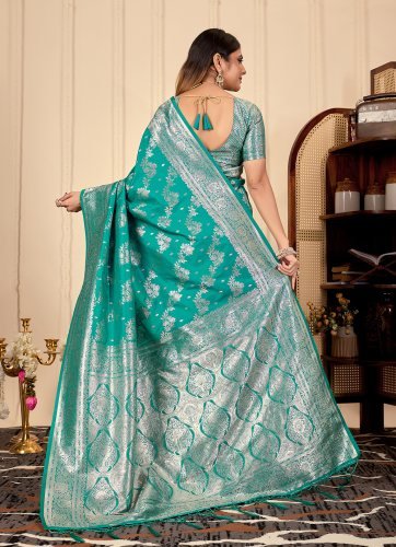 Teal Green Banarasi Silk Saree with Rich Silver Zari Border