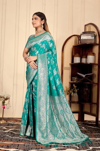 Teal Green Banarasi Silk Saree with Rich Silver Zari Border