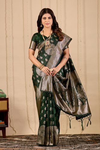 Women Emerald Green Banarasi Silk Saree with Antique Gold Zari