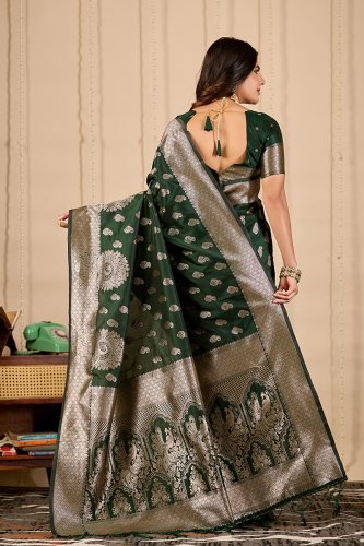 Women Emerald Green Banarasi Silk Saree with Antique Gold Zari