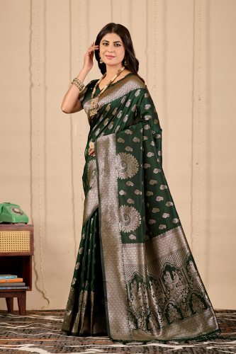 Women Emerald Green Banarasi Silk Saree with Antique Gold Zari