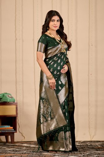 Women Emerald Green Banarasi Silk Saree with Antique Gold Zari