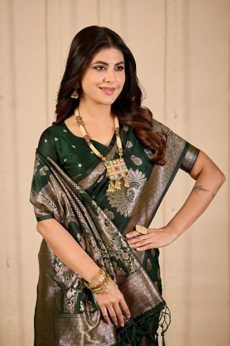 Women Emerald Green Banarasi Silk Saree with Antique Gold Zari